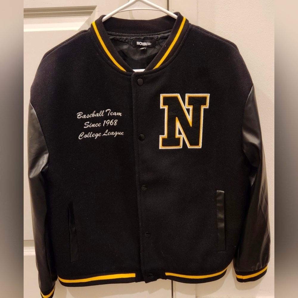 NOVA Kids Varsity Baseball Jacket Youth XL Size 18 Black Yellow Letterman Coat
